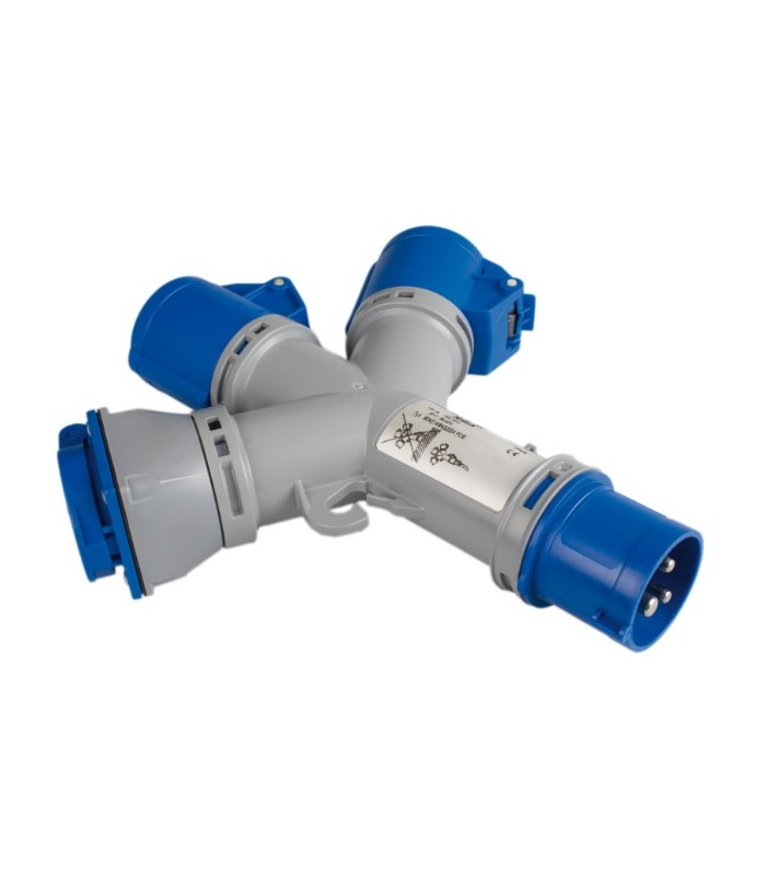 Adaptador Triple Industrial Clavija Industrial a 2 Bases Industriales 1 Doméstica 2P + T 16A 230V IP44