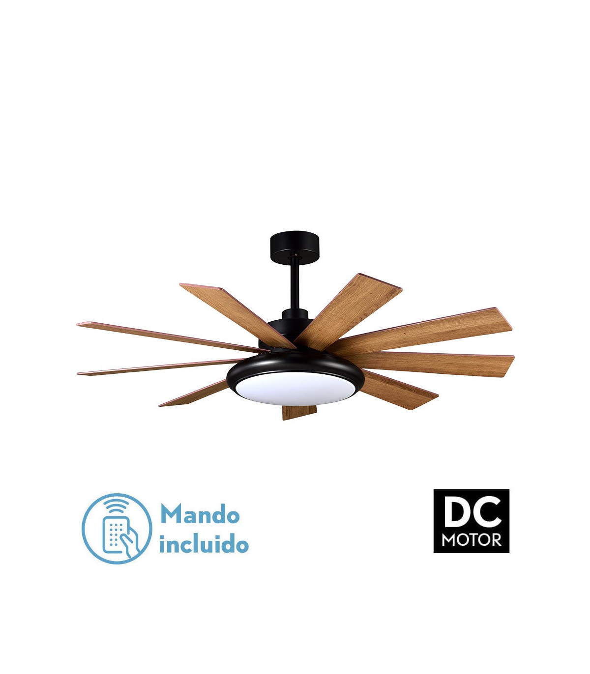 Ventilador de Techo PIREO Negro DC 36W 3800Lm 9 Aspas Roble / Haya CCT