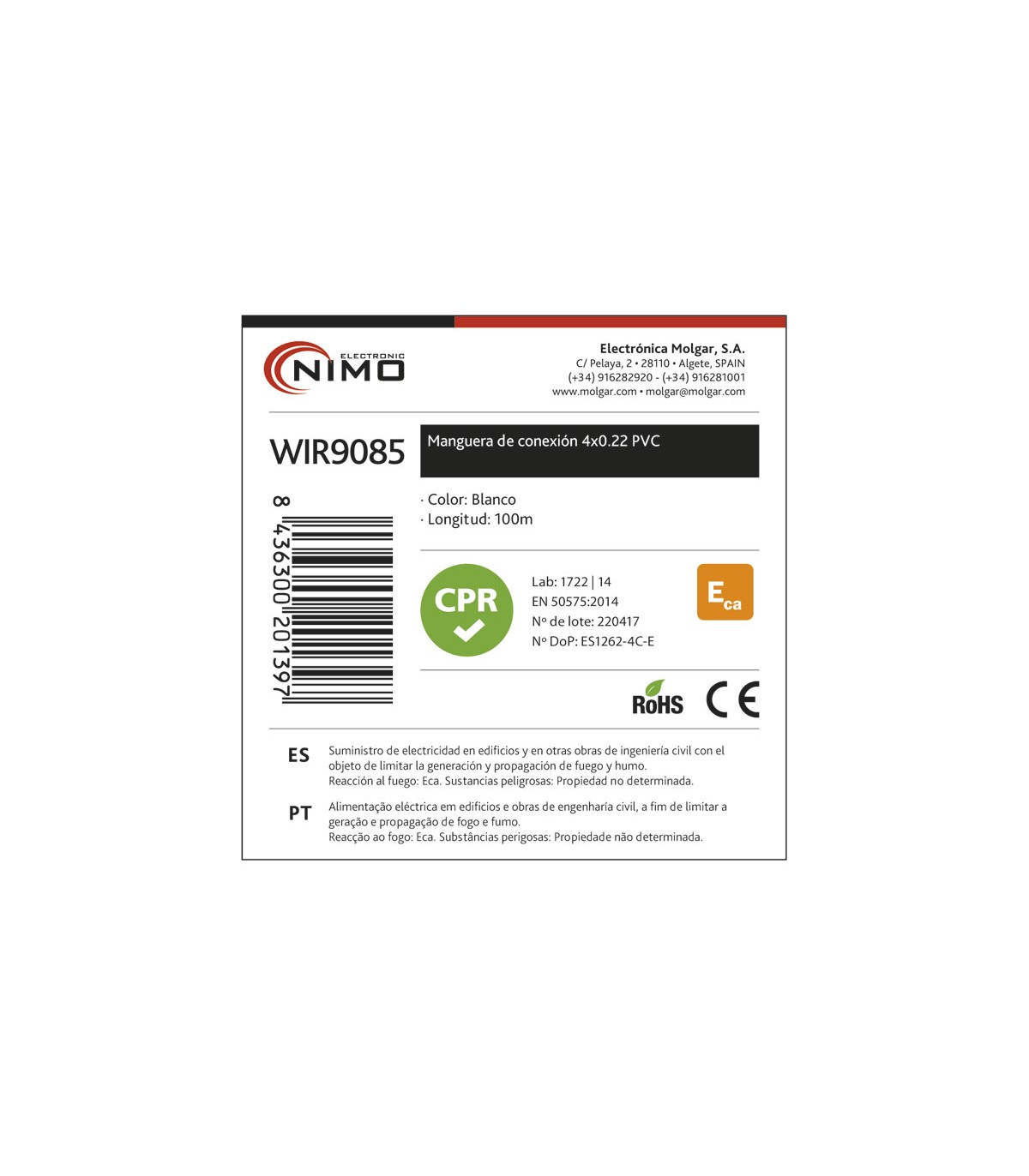 Manguera RTA CPR 4x0.22mm Blanco -Metro-