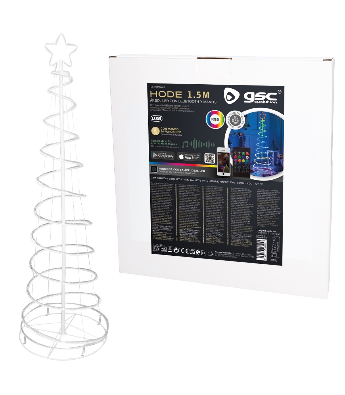 Árbol de Navidad LED HODE USB + Mando 24 Funciones IP44 RGB