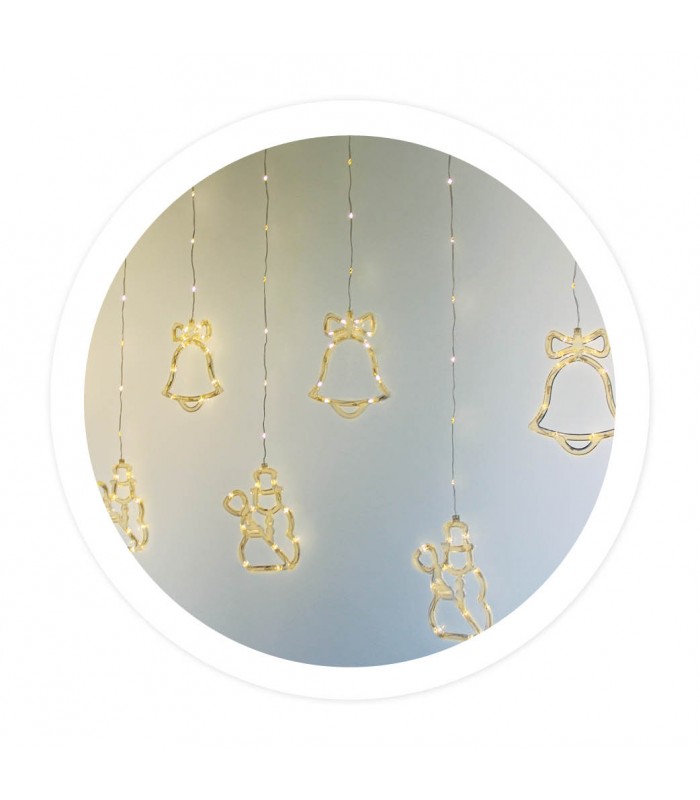 Cortina LED Campanas y Muñecos de Nieve 1.4m 2 Alturas 8 Funciones