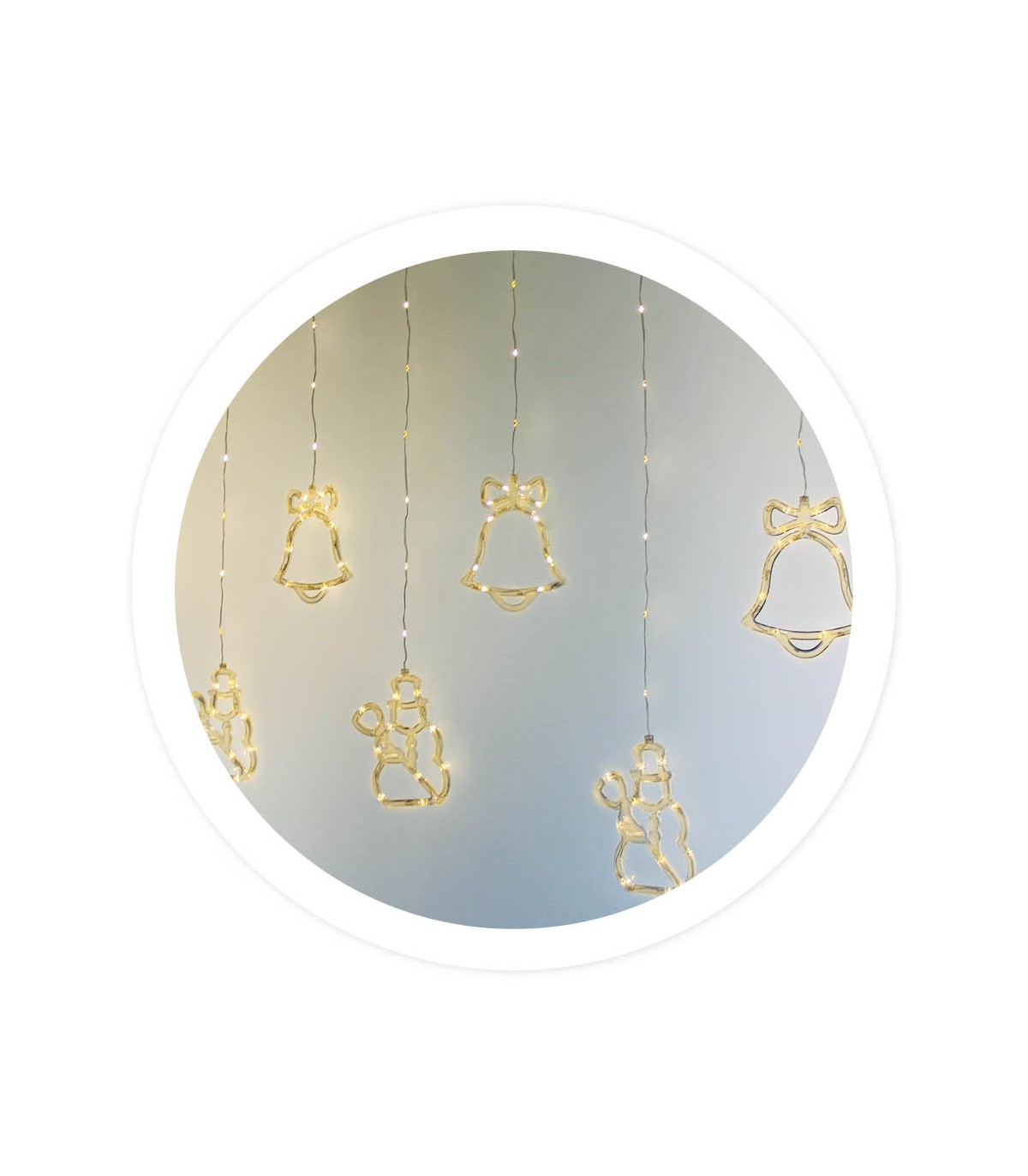 Cortina LED Campanas y Muñecos de Nieve 1.4m 2 Alturas 8 Funciones