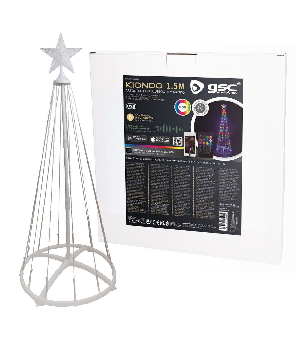 Árbol LED KIONDO Inteligente Bluetooth y Mando 1.5m 24 Funciones IP44 RGB