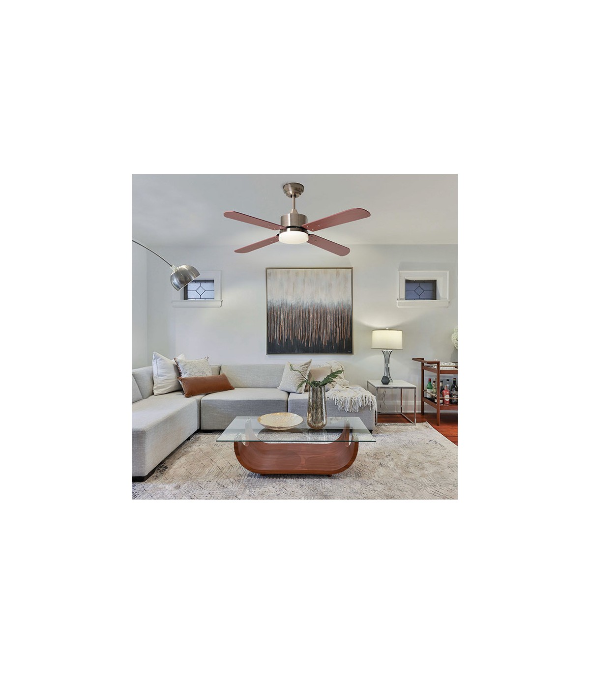 Ventilador Kenia DC Cuero 18W 1800Lm 4 Aspas Reversibles Cerezo / Nogal CCT
