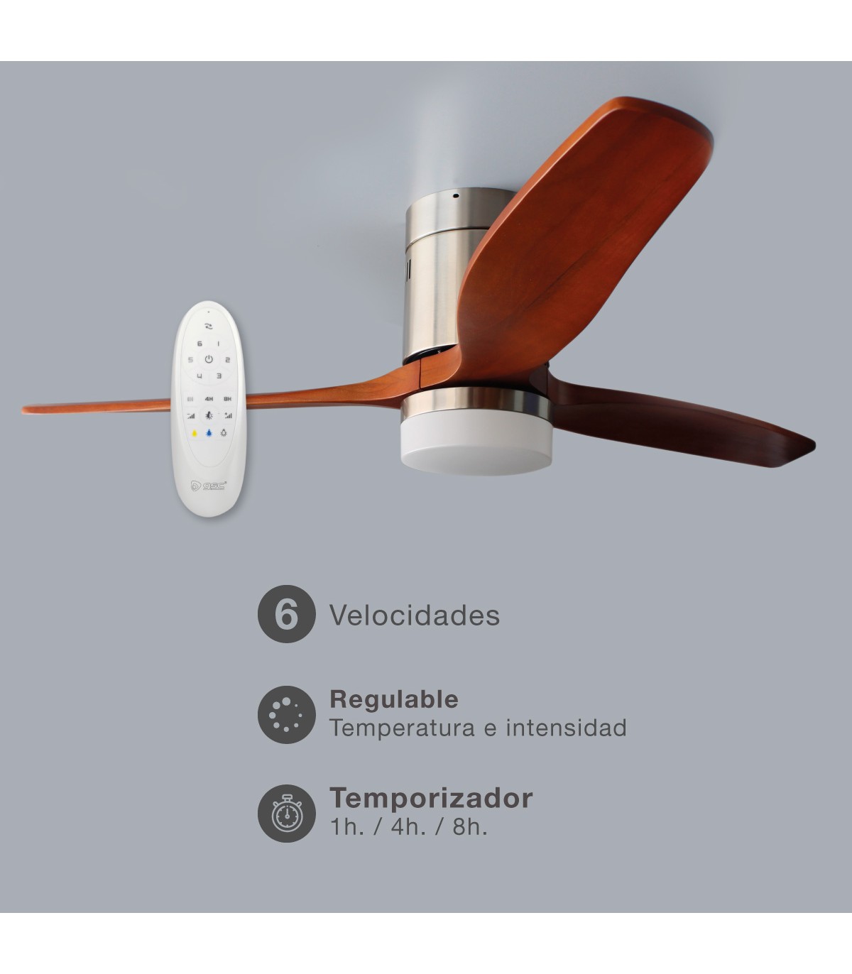 Ventilador Kasama Niquel DC 15W 1534Lm 3 Aspas Roble CCT