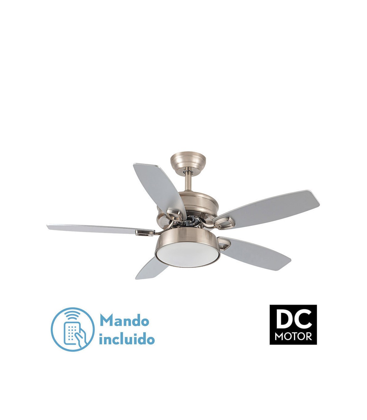 Ventilador de Techo BRAW DC Níquel 30W 2850Lm 5 Aspas Rev. Plata/Haya CCT