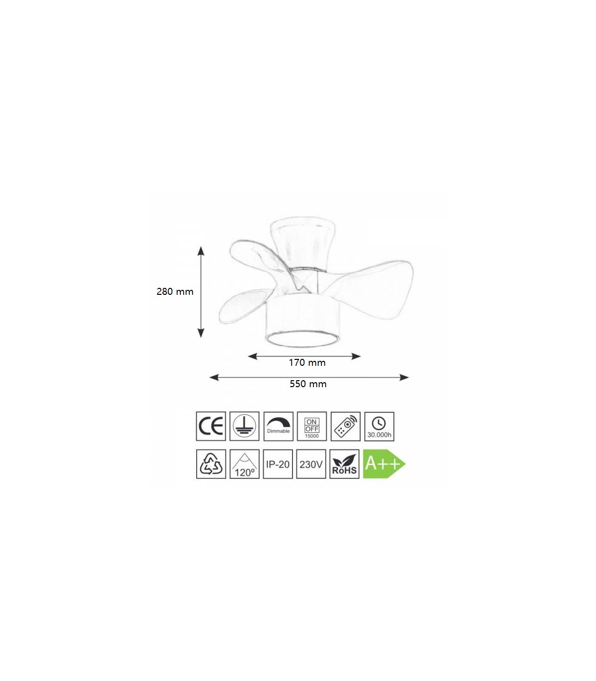 Ventilador Fly APP DC 20W 2400Lm 3 Aspas Negro CCT