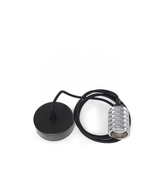 Pendel 2M - Cable Negro - Portalámparas E27 Plateado - Rosetón Negro