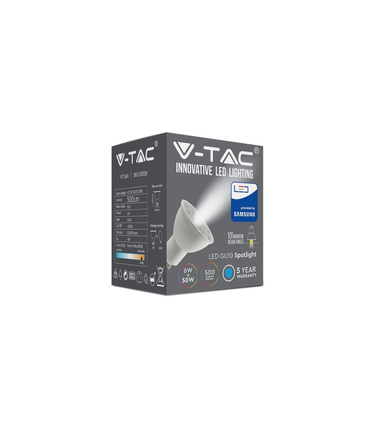 Dicroica GU10 Chip SAMSUNG 6W 500Lm 10º