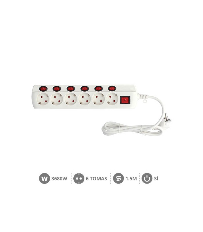 Base Múltiple 6T + 7 Interruptores (3x1.5mm) 1.5m Blanco