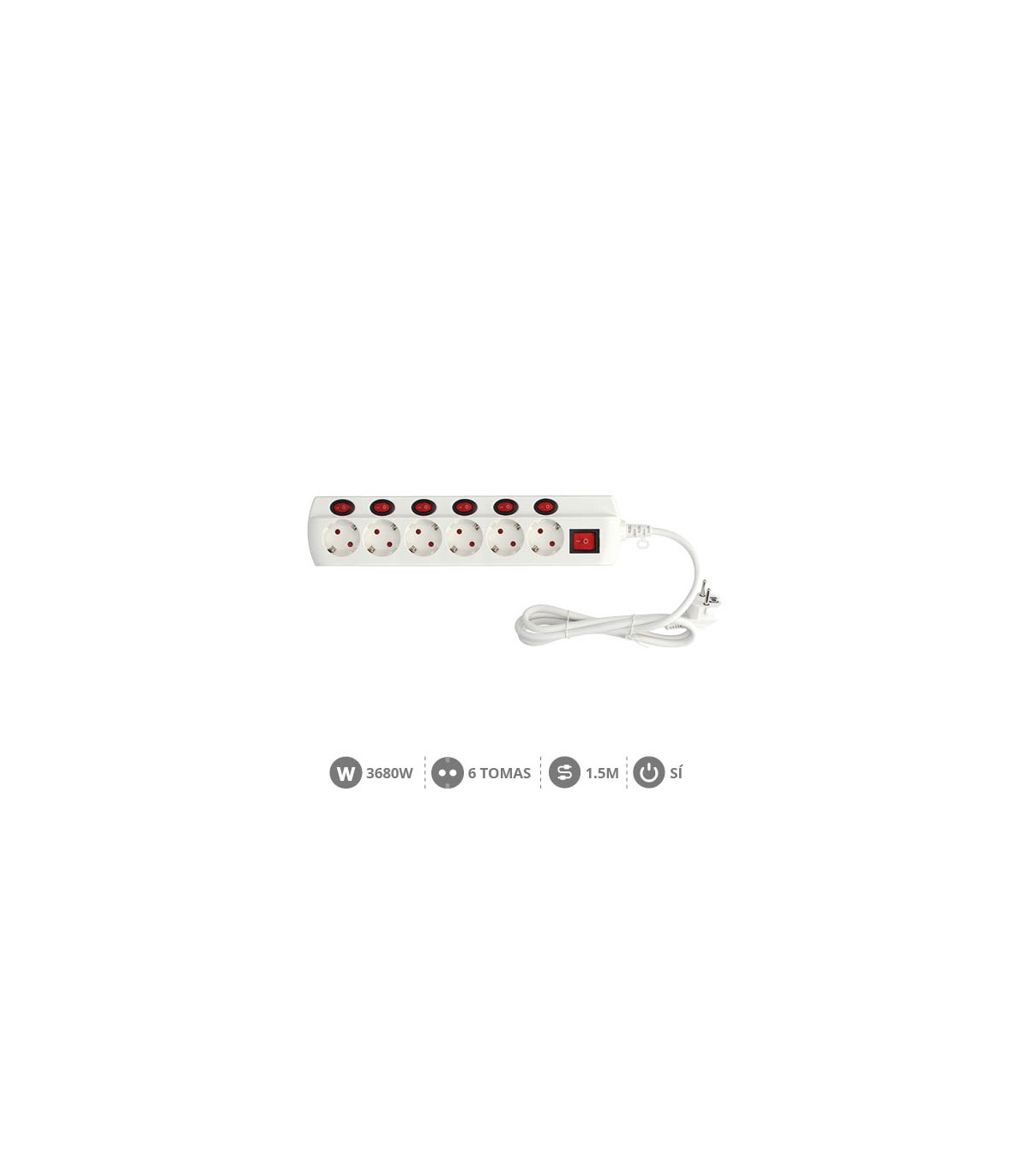 Base Múltiple 6T + 7 Interruptores (3x1.5mm) 1.5m Blanco