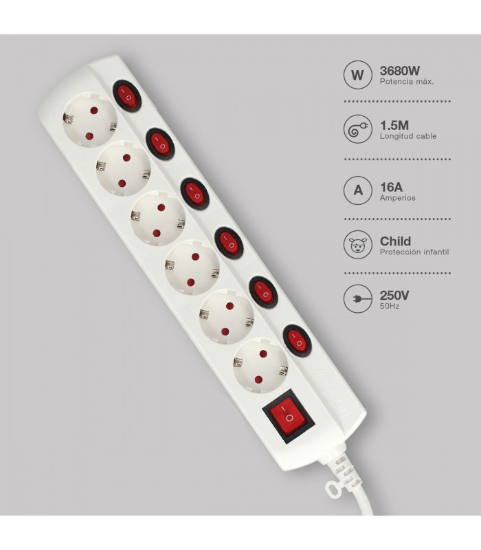 Base Múltiple 6T + 7 Interruptores (3x1.5mm) 1.5m Blanco