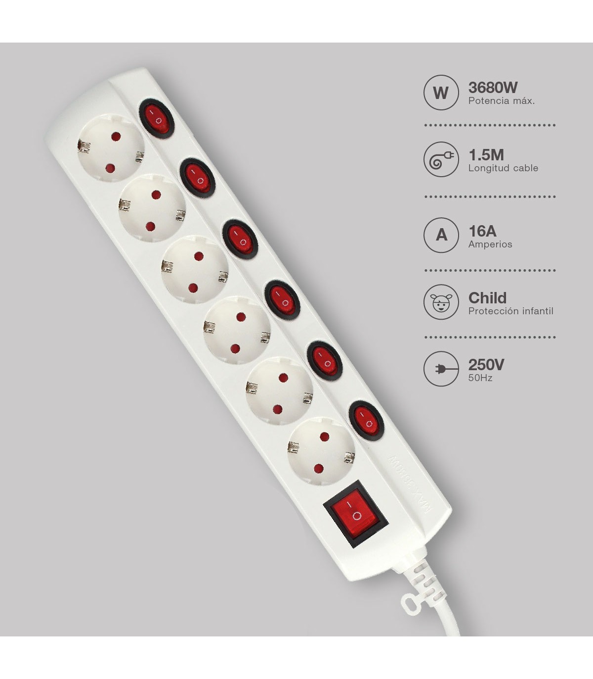 Base Múltiple 6T + 7 Interruptores (3x1.5mm) 1.5m Blanco