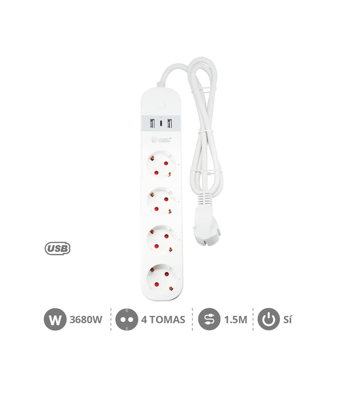 Base Múltiple Wifi o Bluetooth 4T + 2 USB A + 1 USB C (3x1.5mm) 1,5m Compatible Amazon Alexa/Google Home