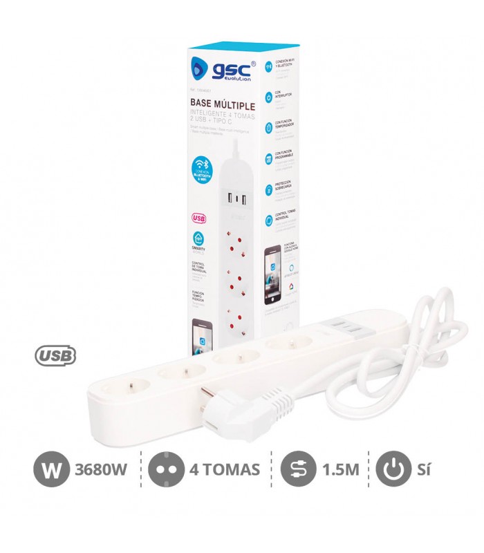 Base Múltiple Wifi o Bluetooth 4T + 2 USB A + 1 USB C (3x1.5mm) 1,5m Compatible Amazon Alexa/Google Home