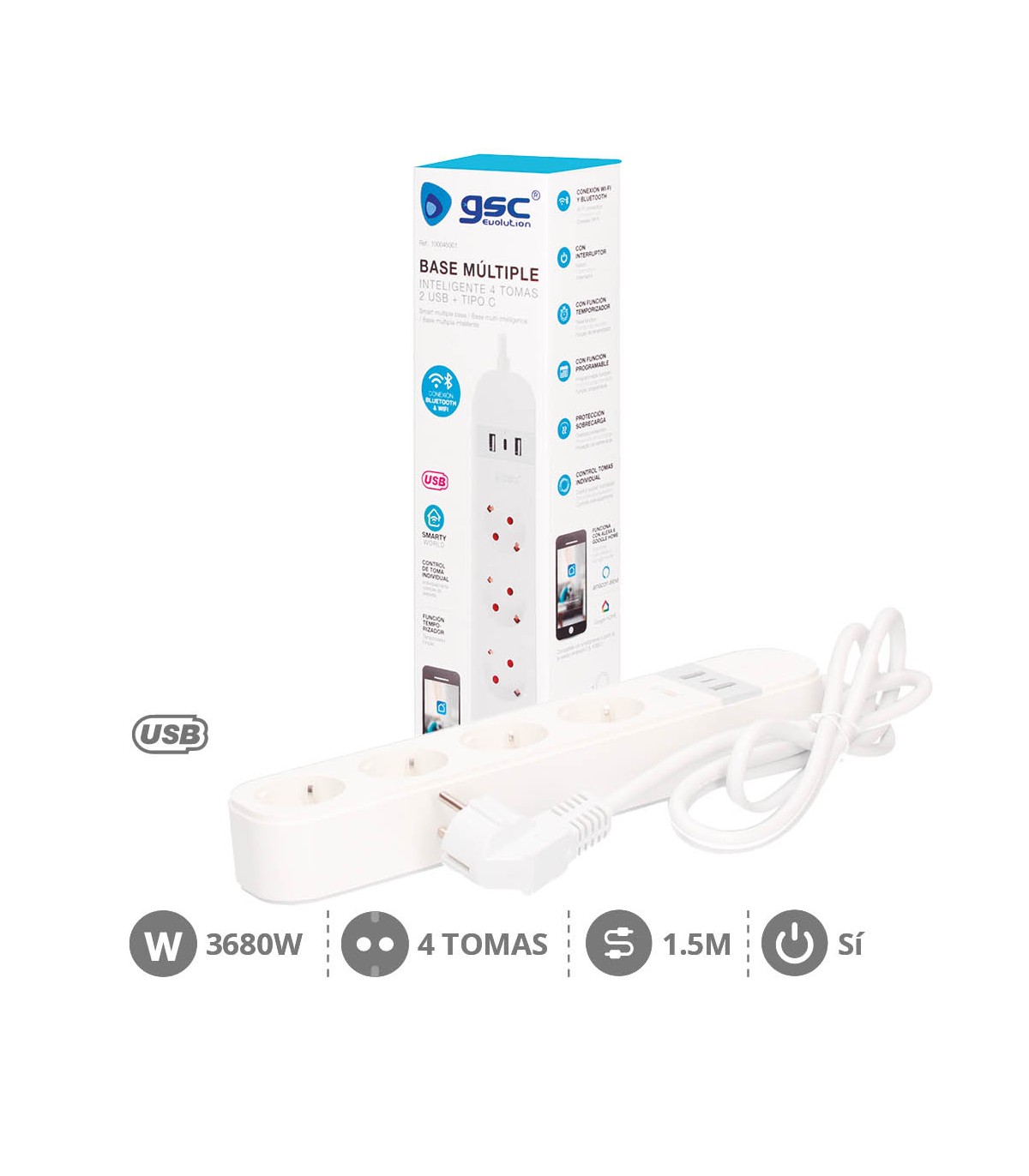 Base Múltiple Wifi o Bluetooth 4T + 2 USB A + 1 USB C (3x1.5mm) 1,5m Compatible Amazon Alexa/Google Home