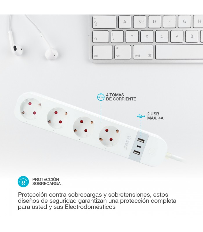 Base Múltiple Wifi o Bluetooth 4T + 2 USB A + 1 USB C (3x1.5mm) 1,5m Compatible Amazon Alexa/Google Home