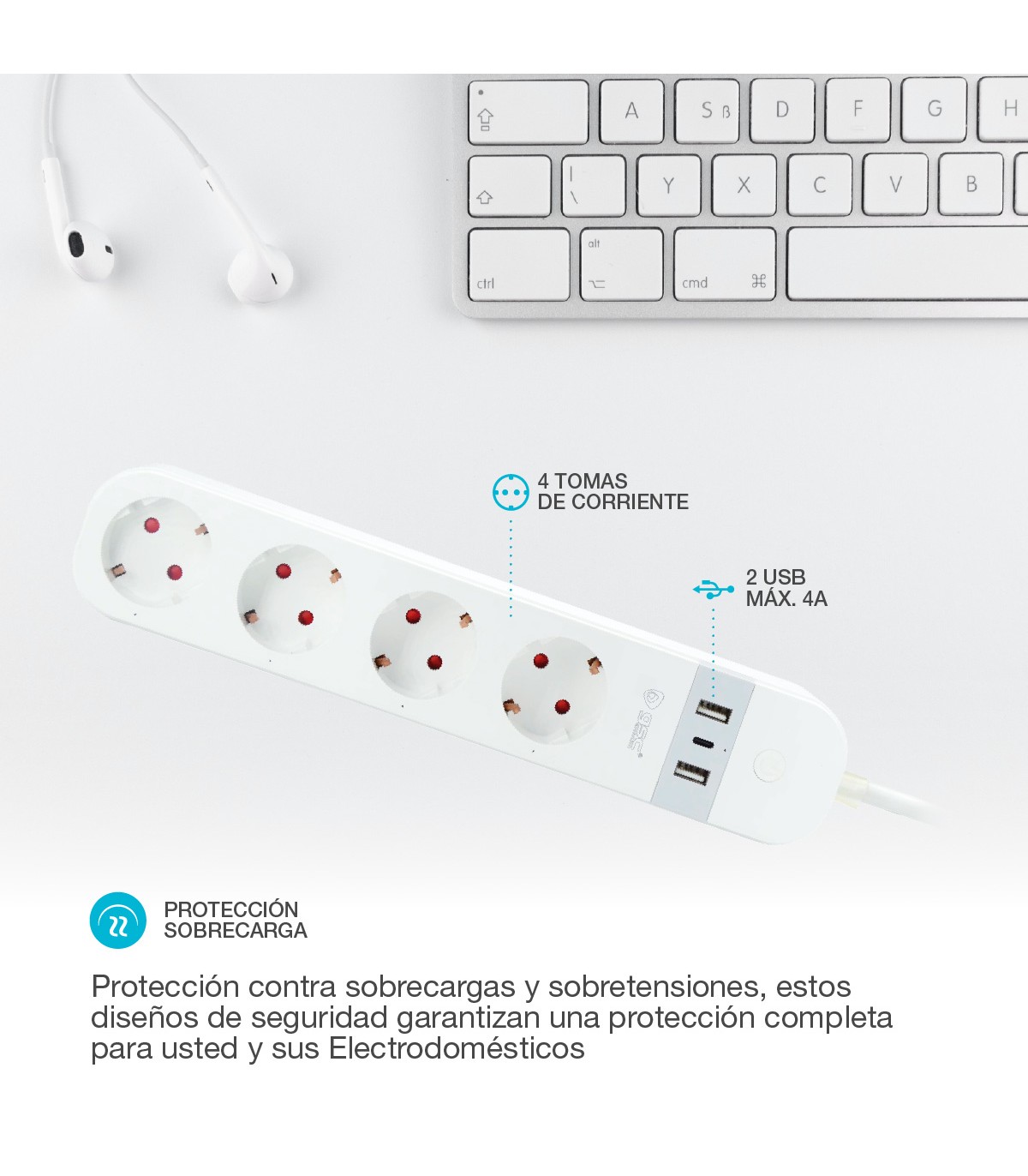 Base Múltiple Wifi o Bluetooth 4T + 2 USB A + 1 USB C (3x1.5mm) 1,5m Compatible Amazon Alexa/Google Home