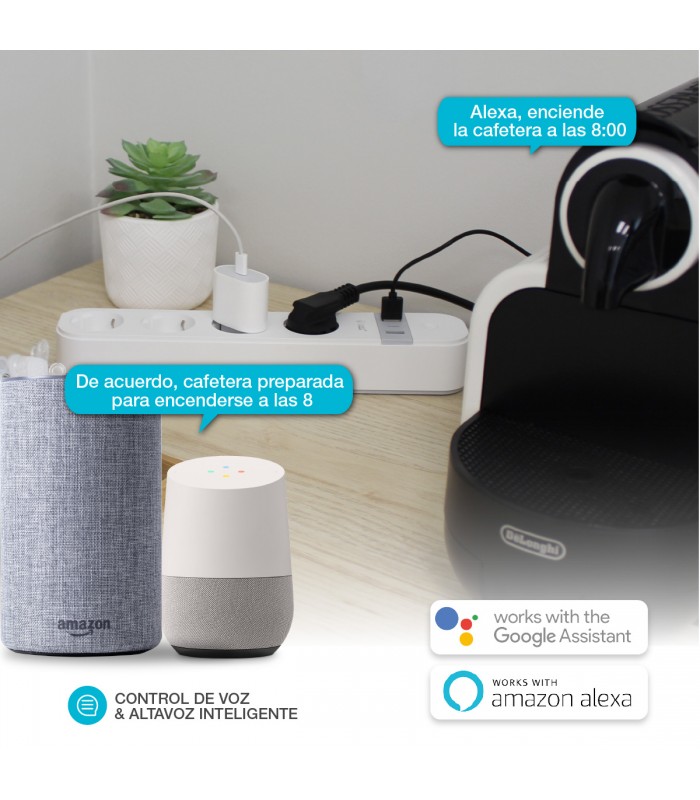 Base Múltiple Wifi o Bluetooth 4T + 2 USB A + 1 USB C (3x1.5mm) 1,5m Compatible Amazon Alexa/Google Home