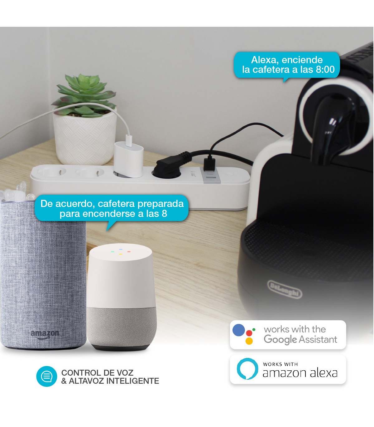 Base Múltiple Wifi o Bluetooth 4T + 2 USB A + 1 USB C (3x1.5mm) 1,5m Compatible Amazon Alexa/Google Home