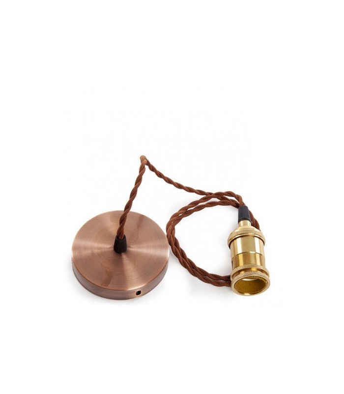 Pendel 1M - Cable Marrón Trenzado - Portalámparas E27 Dorado - Rosetón Cobre