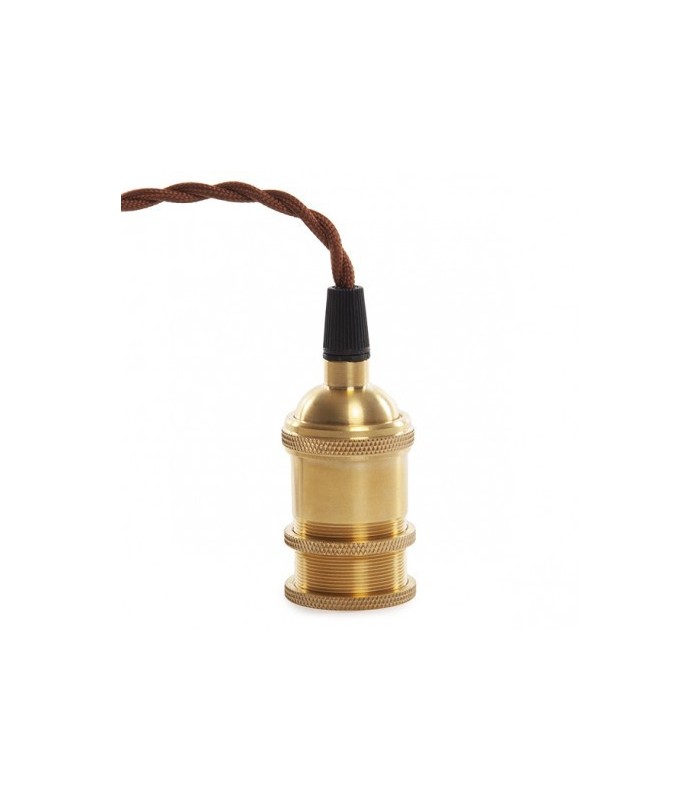 Pendel 1M - Cable Marrón Trenzado - Portalámparas E27 Dorado - Rosetón Cobre