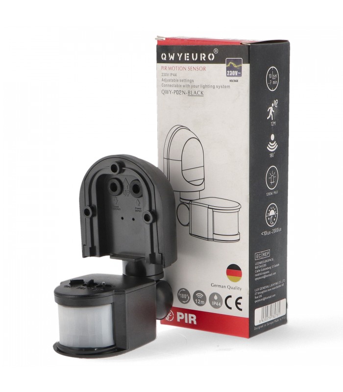 Detector Movimiento Qwy De Pared/Techo 12m IP44 Negro