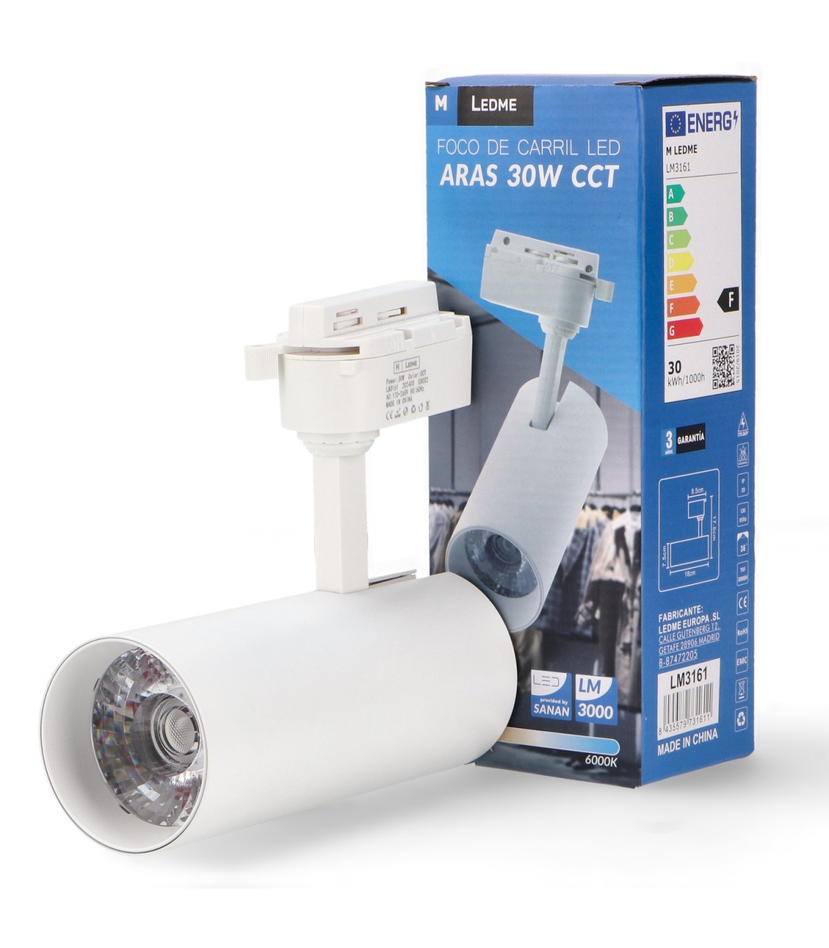 Foco Carril Monofásico ARAS 30W 3000LM 36º Blanco CCT