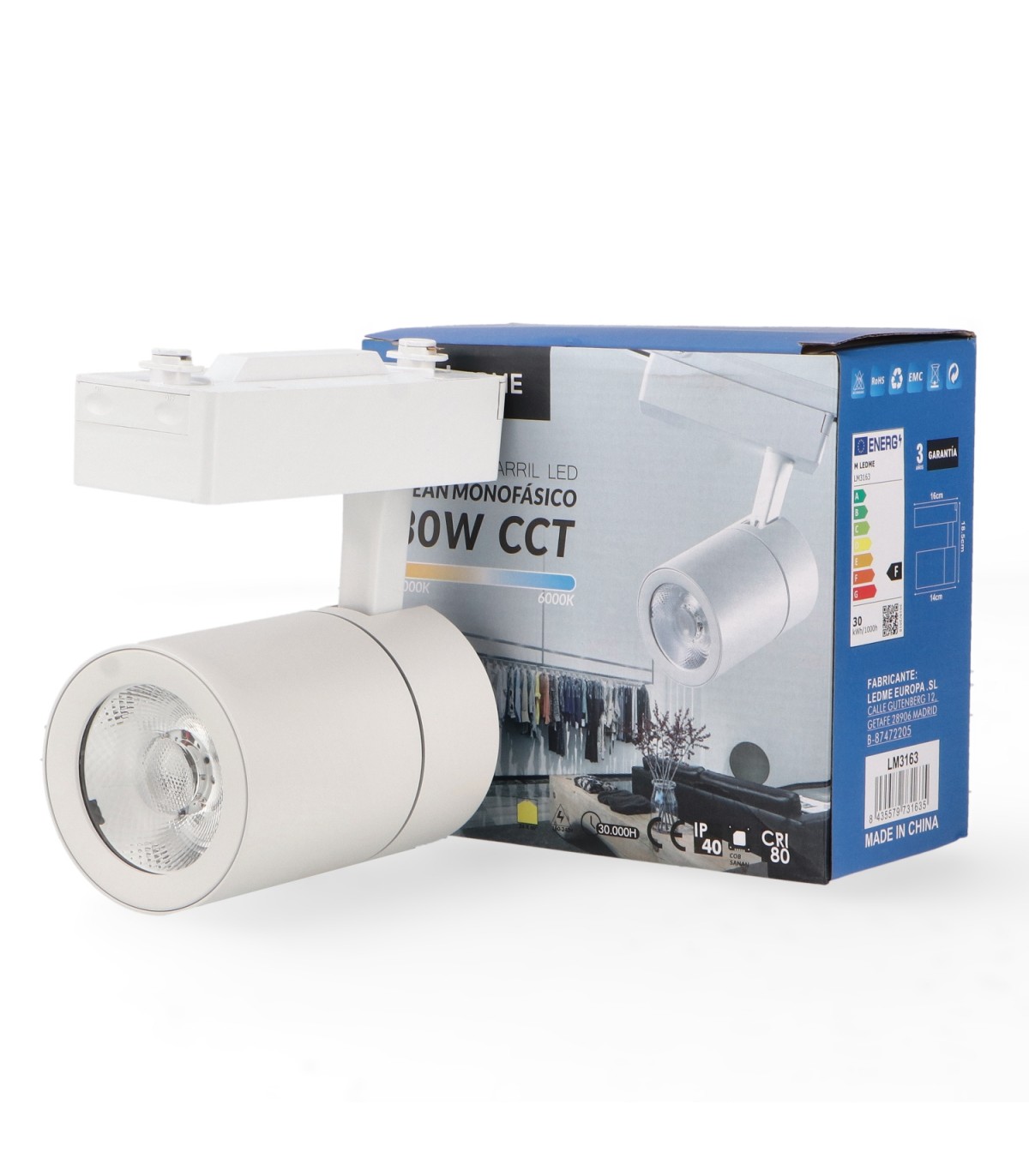 Foco Carril Monofásico CLEAN 30W 3000LM 24-60º Blanco CCT