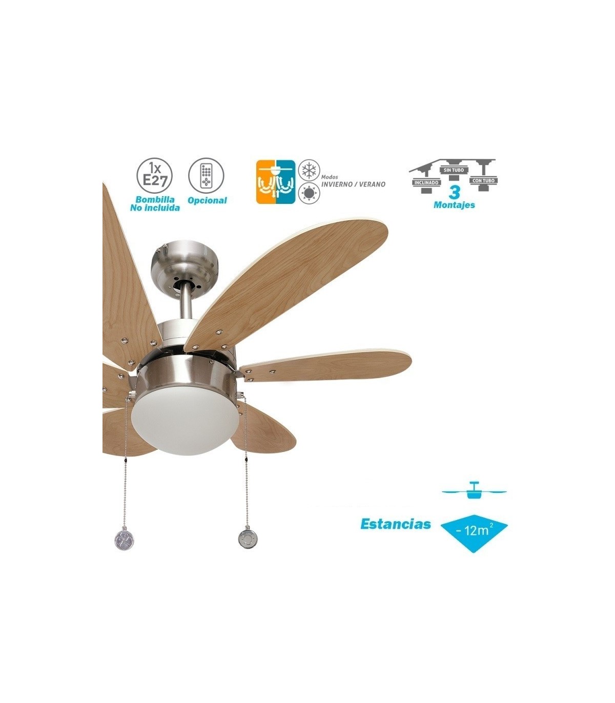 Ventilador de Techo Delfín Niquel 6 Aspas Haya 1xE27 41x65D