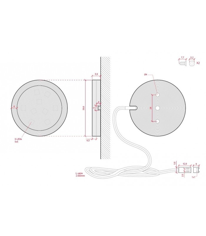 Mini Plafón Muebles 3W 300Lm 180º 12V Cable 2 Mtrs. 4200K
