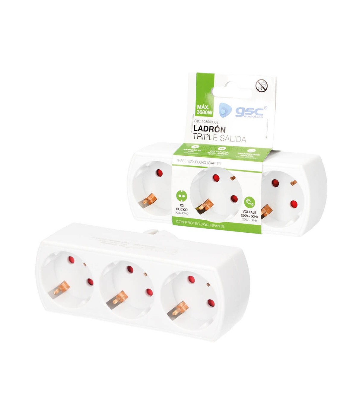 Ladrón Triple Plano Schuko 2P+TT 10/16A 250V