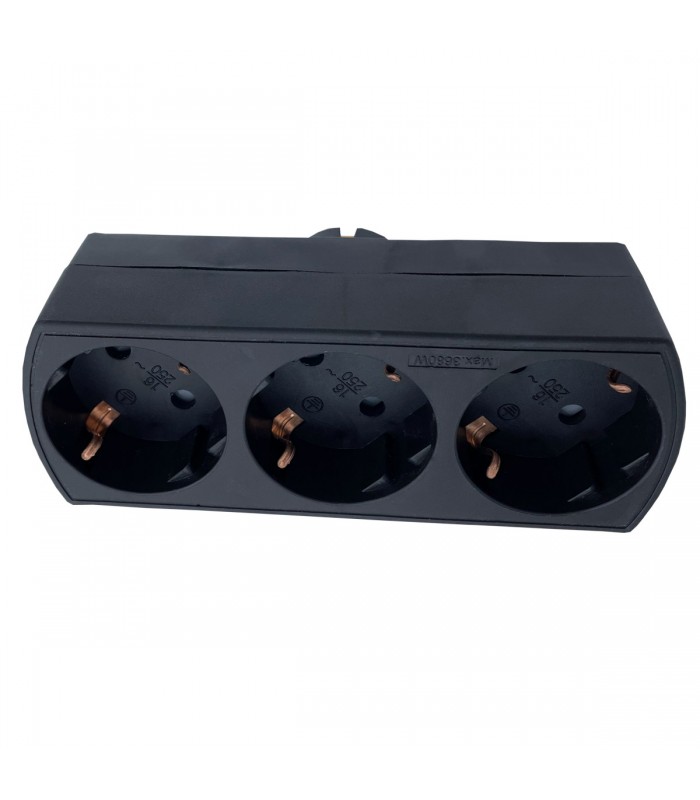 Ladrón Triple Plano Negro Schuko 2P+TT 10/16A 250V
