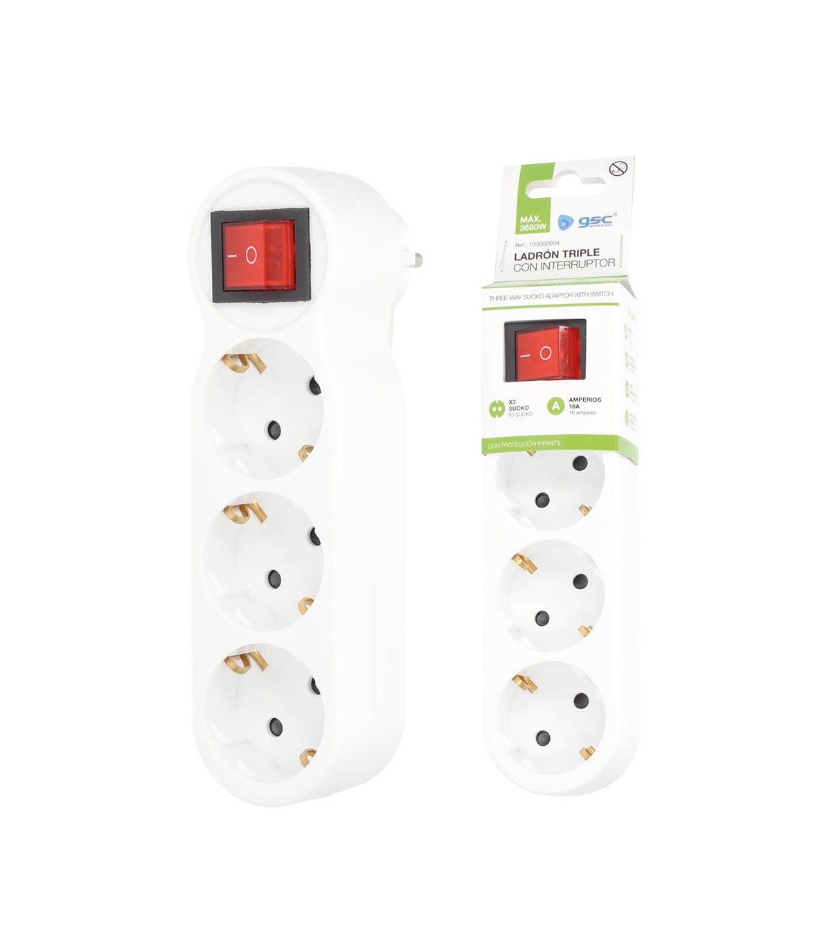 Ladrón Triple Salida Schuko En Línea Con Interruptor 16A 250V