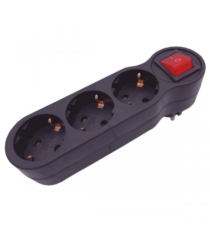 Ladrón Triple Salida Schuko En Línea Con Interruptor Negro 10/16A 250V