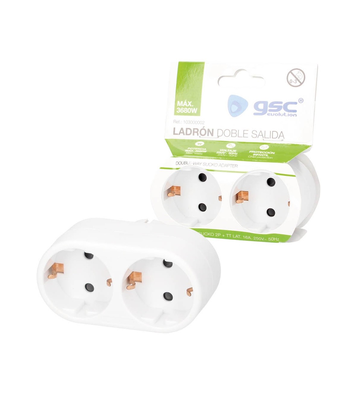 Ladrón Doble Plano Schuko 2P+TT 10/16A 250V