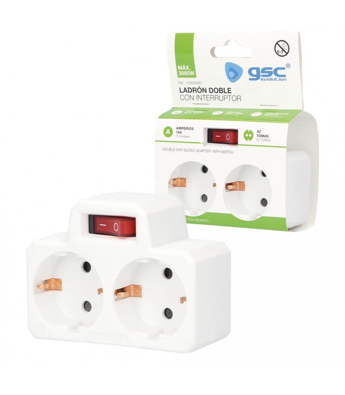 Ladrón Doble Con Interruptor Schuko 2P+TT 16A 250V