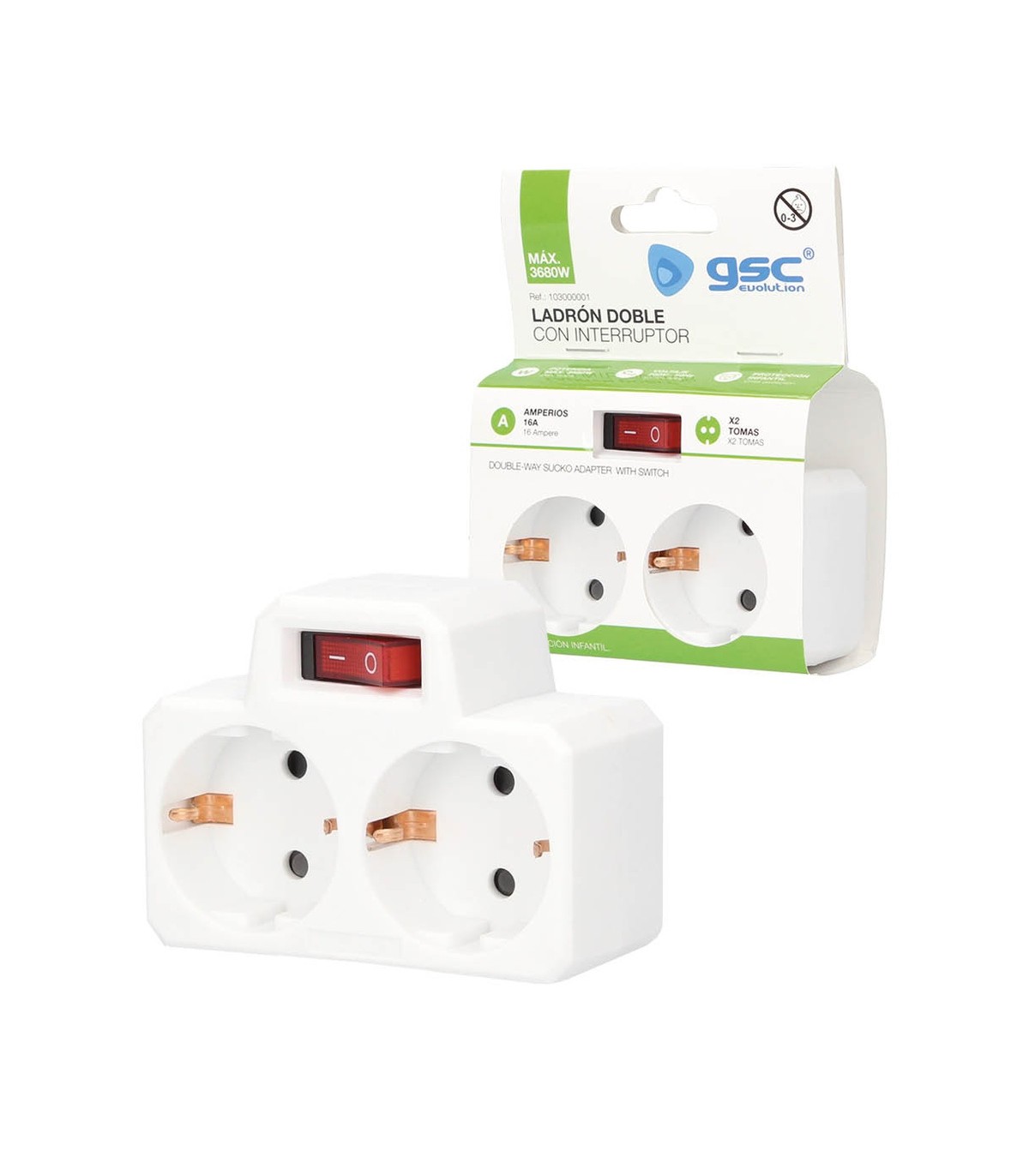 Ladrón Doble Con Interruptor Schuko 2P+TT 16A 250V