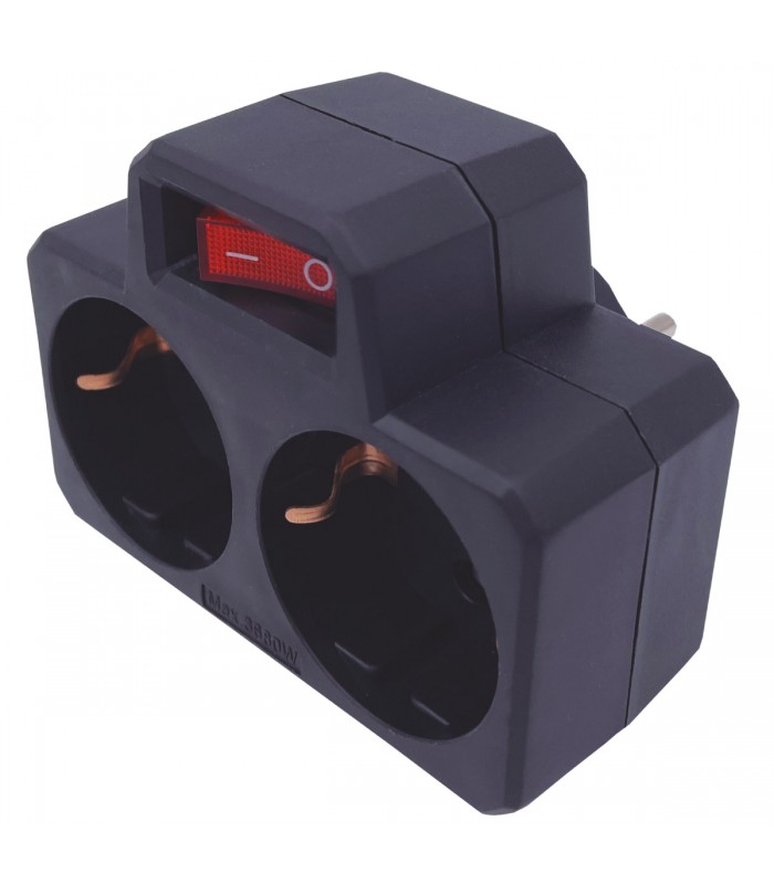 Ladrón Doble Con Interruptor Negro Schuko 2P+TT 16A 250V