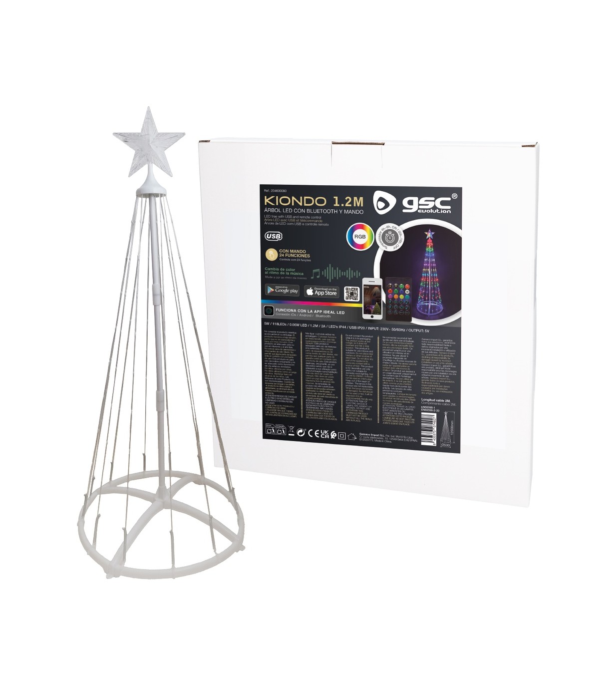 Árbol LED KIONDO Inteligente Bluetooth y Mando 1.2m 24 Funciones IP44 RGB