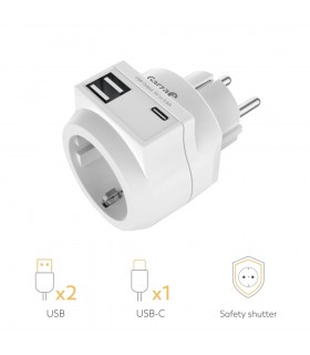Ladrón base Schuko 16A 250V + 2USB + USB tipo C