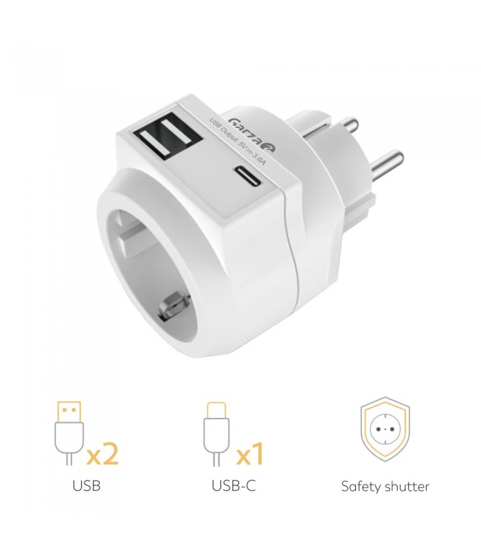 Ladrón base Schuko 16A 250V + 2USB + USB tipo C
