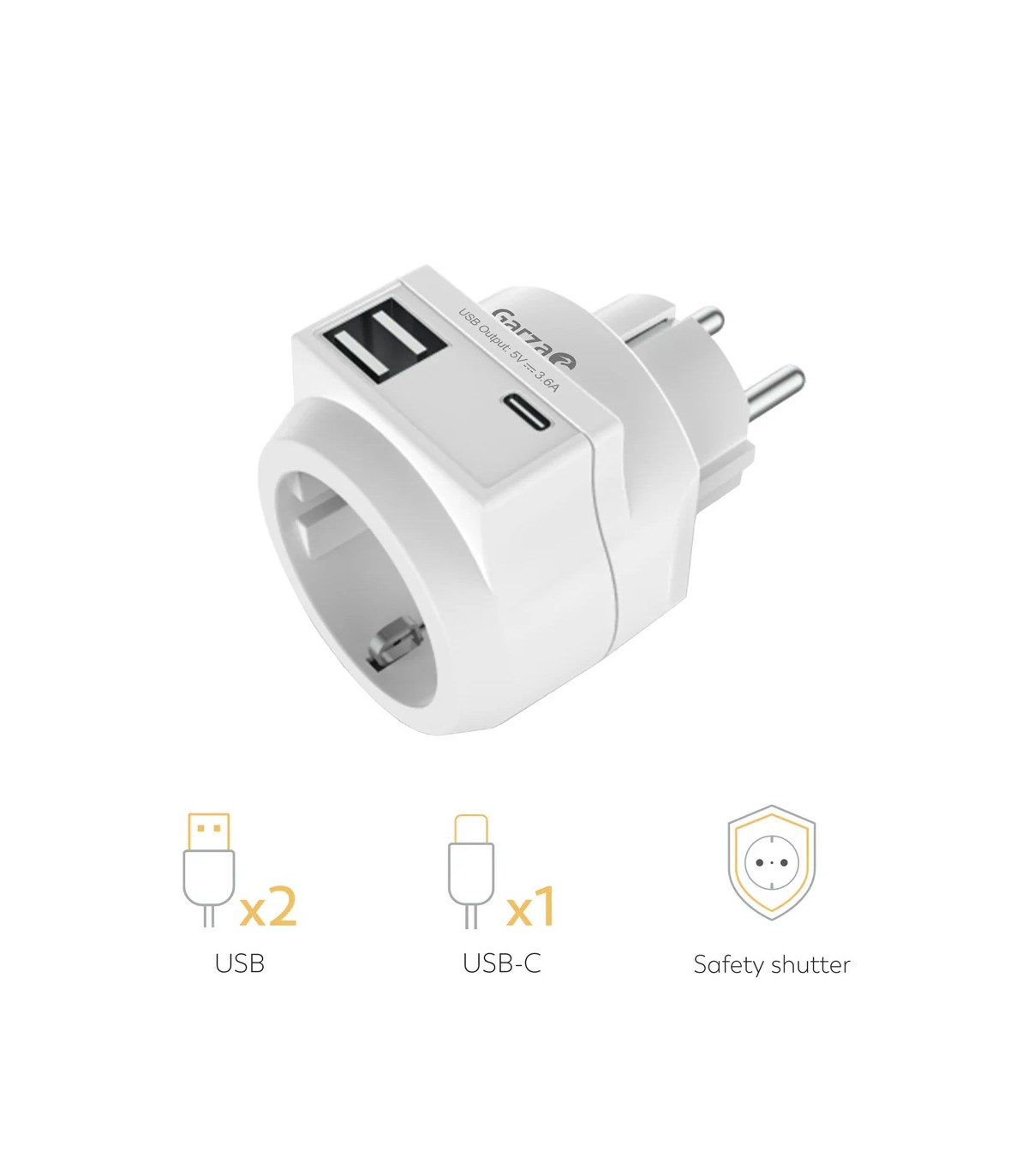 Ladrón base Schuko 16A 250V + 2USB + USB tipo C