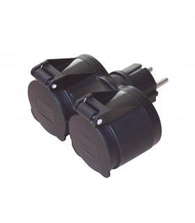 Ladrón Doble Salida con Tapas Negro Schuko 16A 250V IP44
