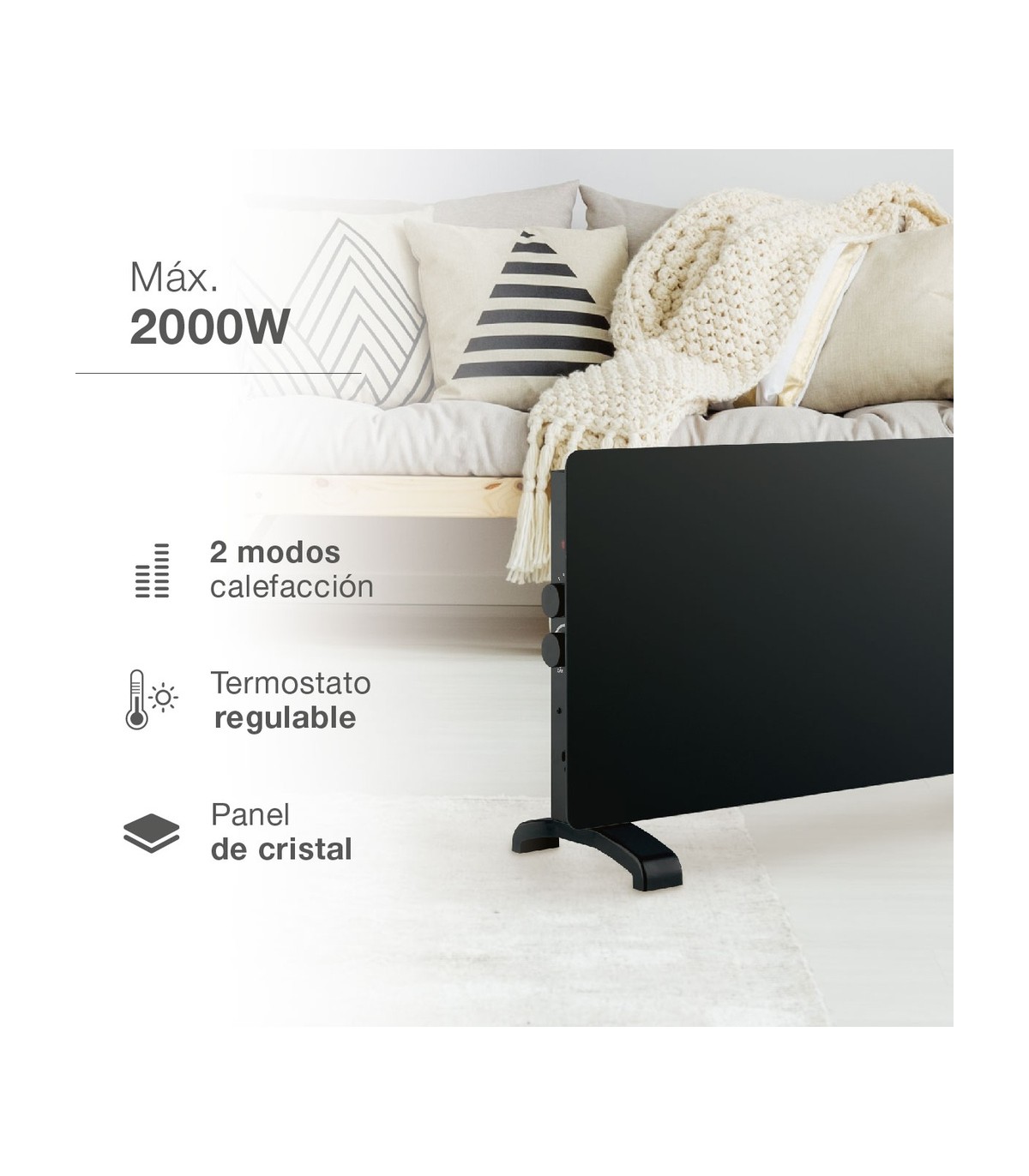 Radiador Convector de cristal ZANTHUS Negro 2000W