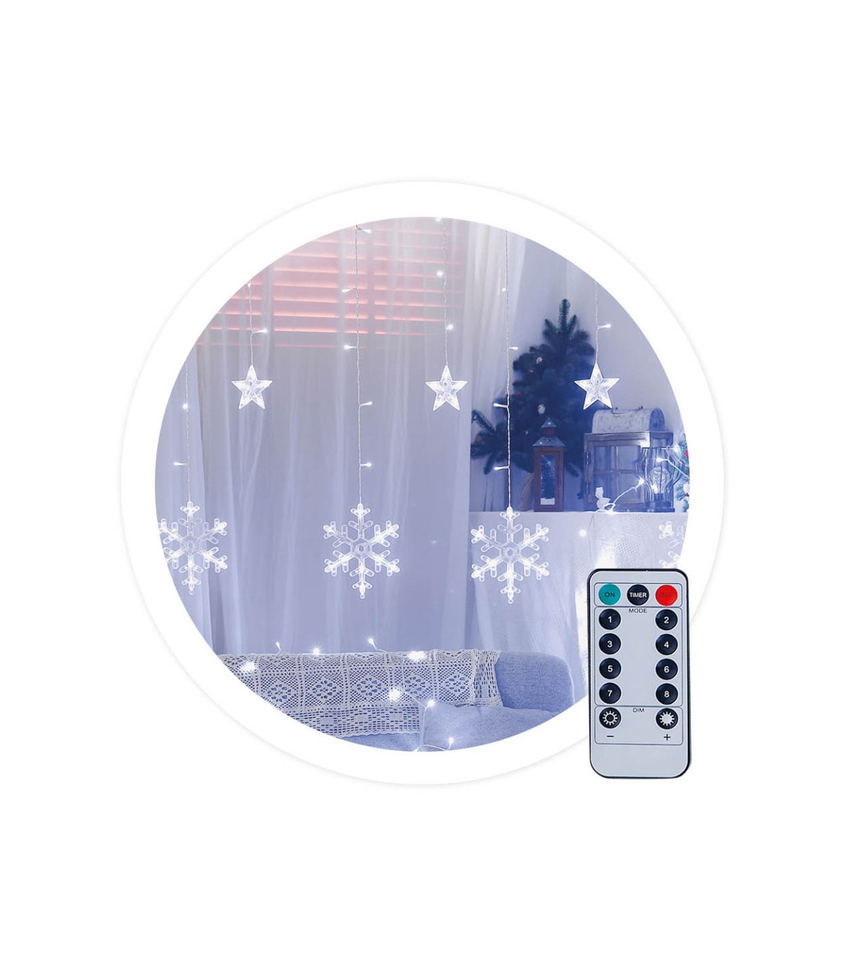 Cortina LED Estrellas y Copos de nieve 3.5m 8 Funciones con Mando