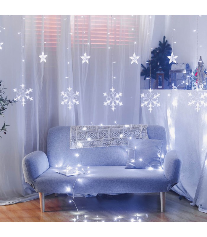 Cortina LED Estrellas y Copos de nieve 3.5m 8 Funciones con Mando