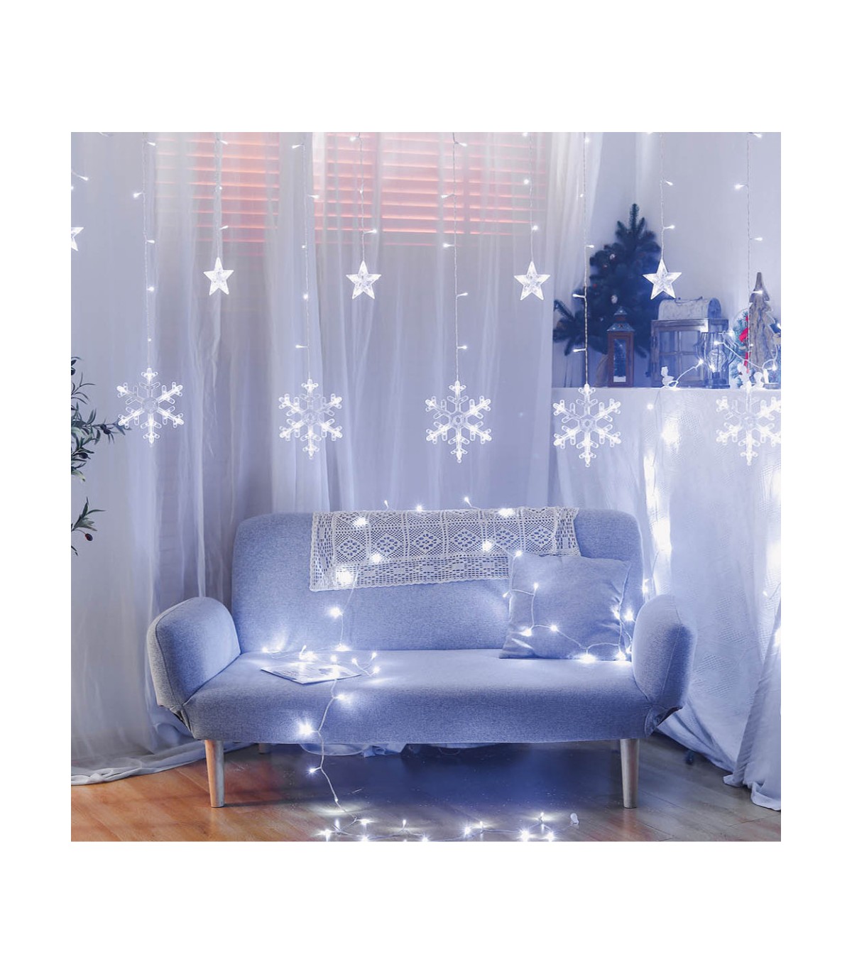 Cortina LED Estrellas y Copos de nieve 3.5m 8 Funciones con Mando