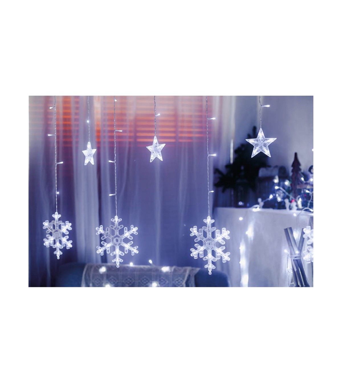 Cortina LED Estrellas y Copos de nieve 3.5m 8 Funciones con Mando