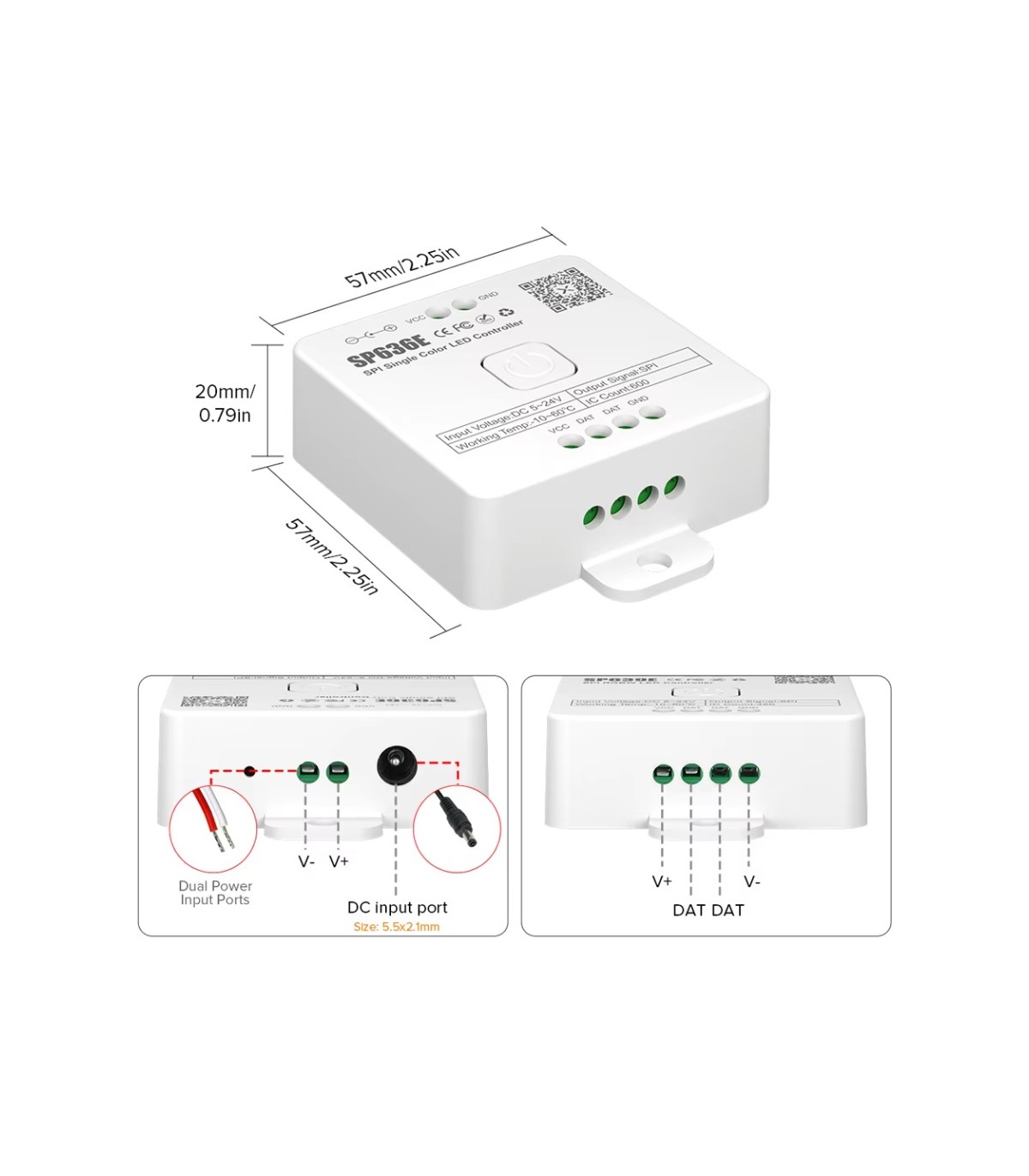 Controlador SP636E  Bluetooth RF para tira LED SPI Monocolor 5-24V 12A con APP